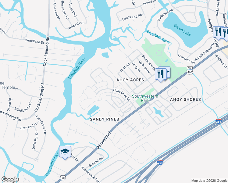 map of restaurants, bars, coffee shops, grocery stores, and more near 4073 Holly Cove Drive in Chesapeake