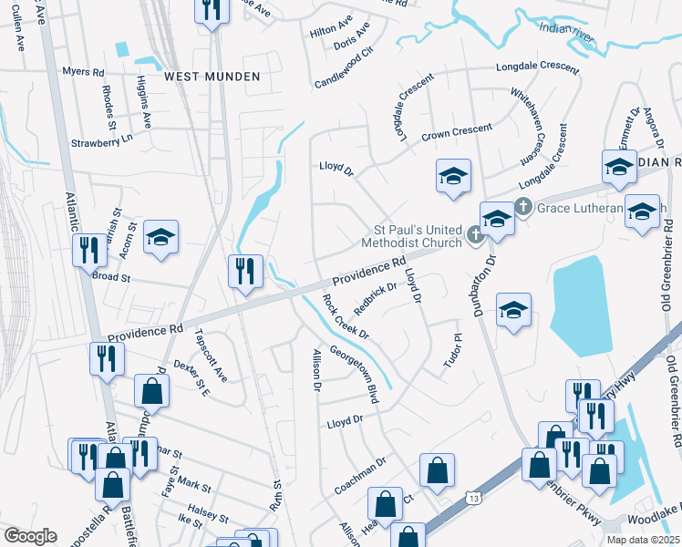 map of restaurants, bars, coffee shops, grocery stores, and more near 324 Providence Road in Chesapeake