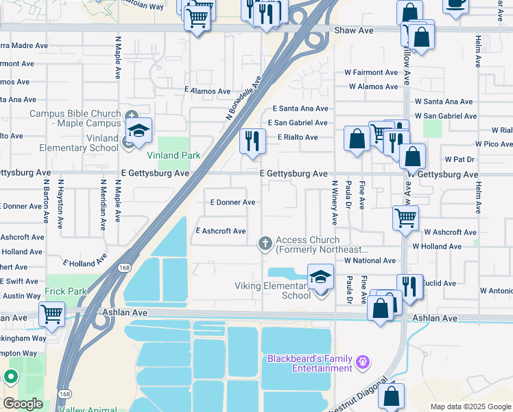 map of restaurants, bars, coffee shops, grocery stores, and more near 4497 North Chestnut Avenue in Fresno