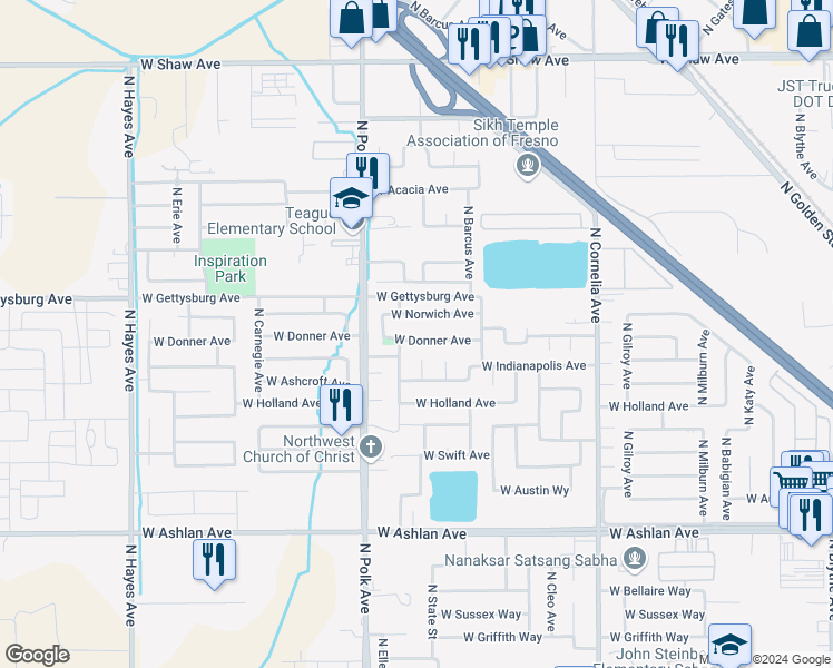 map of restaurants, bars, coffee shops, grocery stores, and more near 5402 West Donner Avenue in Fresno