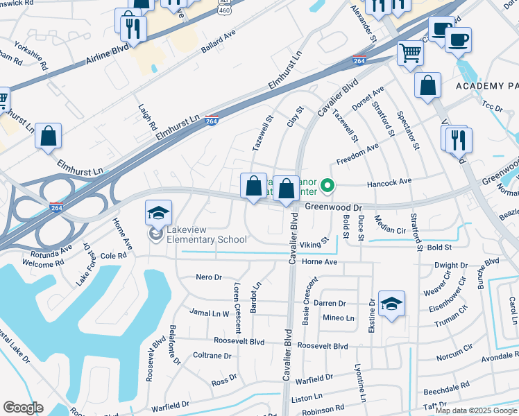 map of restaurants, bars, coffee shops, grocery stores, and more near 4221 Greenwood Drive in Portsmouth