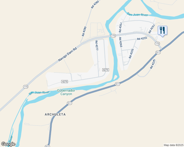 map of restaurants, bars, coffee shops, grocery stores, and more near 56 County Road 4275 in Navajo Dam