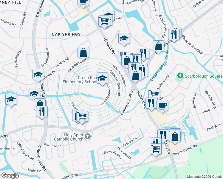 map of restaurants, bars, coffee shops, grocery stores, and more near 1217 Ginger Crescent in Virginia Beach