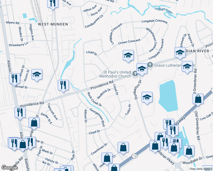 map of restaurants, bars, coffee shops, grocery stores, and more near 329 Providence Road in Chesapeake