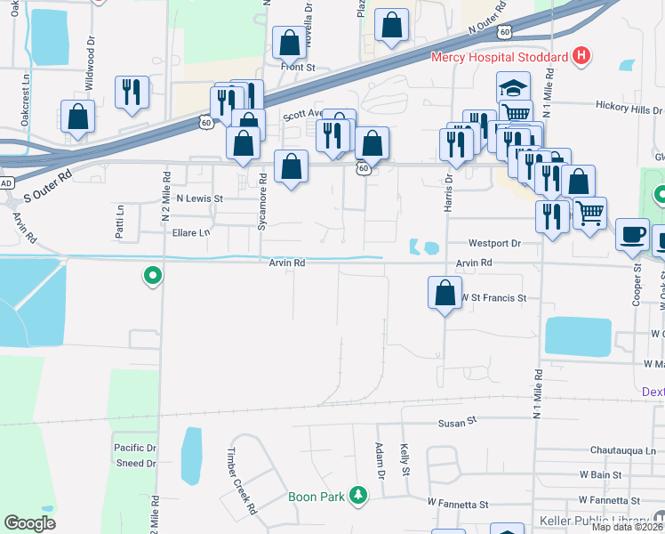 map of restaurants, bars, coffee shops, grocery stores, and more near Arvin Road in Dexter