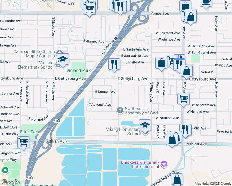 map of restaurants, bars, coffee shops, grocery stores, and more near 4807 East Indianapolis Avenue in Fresno