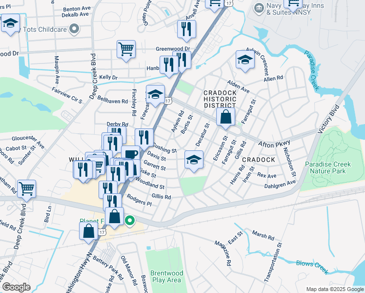 map of restaurants, bars, coffee shops, grocery stores, and more near 6 Dahlgren Avenue in Portsmouth