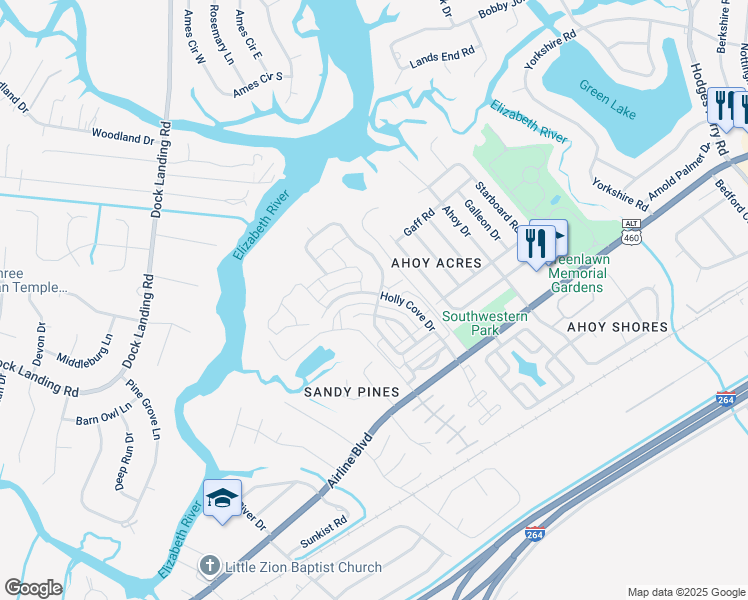 map of restaurants, bars, coffee shops, grocery stores, and more near 4101 Holly Cove Drive in Chesapeake
