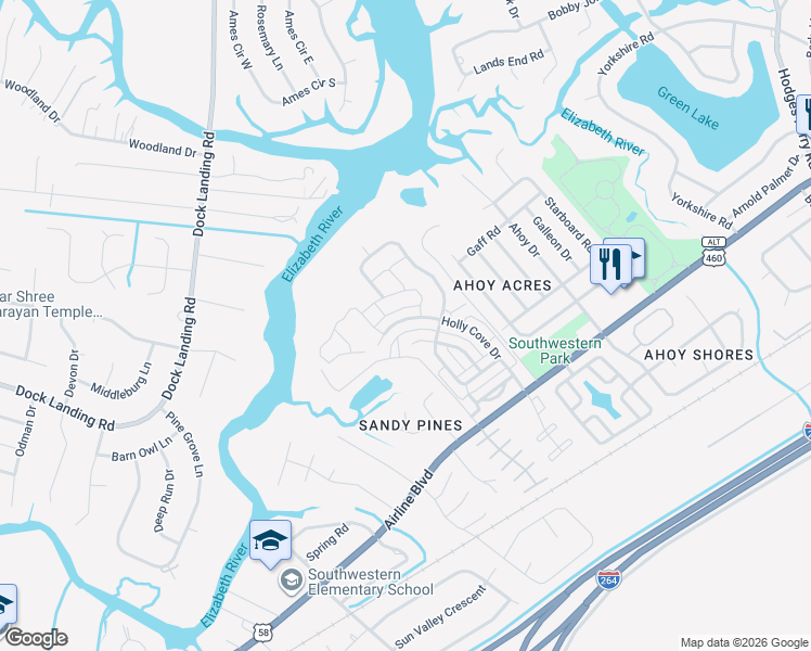 map of restaurants, bars, coffee shops, grocery stores, and more near 4157 Holly Cove Drive in Chesapeake