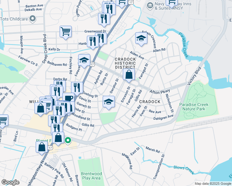 map of restaurants, bars, coffee shops, grocery stores, and more near 53 Prospect Parkway in Portsmouth