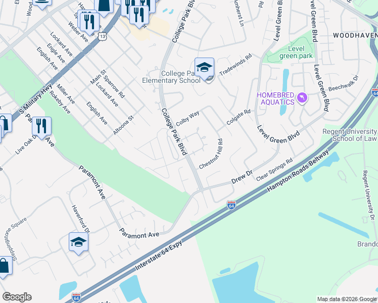 map of restaurants, bars, coffee shops, grocery stores, and more near 1382 Glyndon Drive in Virginia Beach