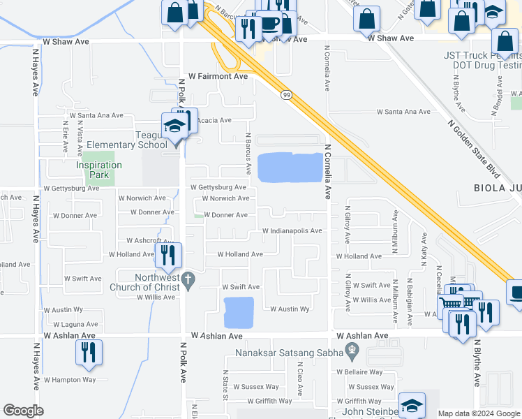 map of restaurants, bars, coffee shops, grocery stores, and more near 4404 North Barcus Avenue in Fresno