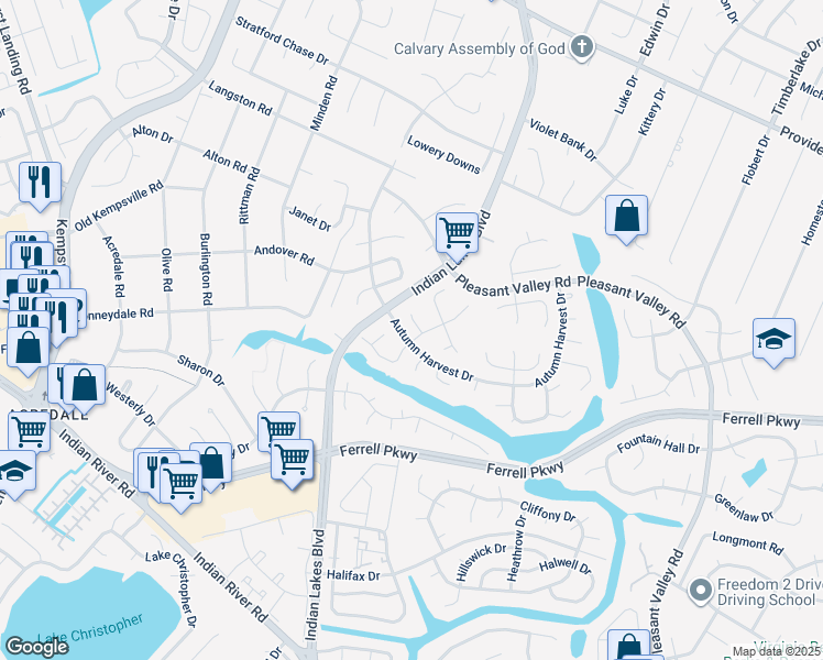 map of restaurants, bars, coffee shops, grocery stores, and more near 1229 Ferndale Court in Virginia Beach