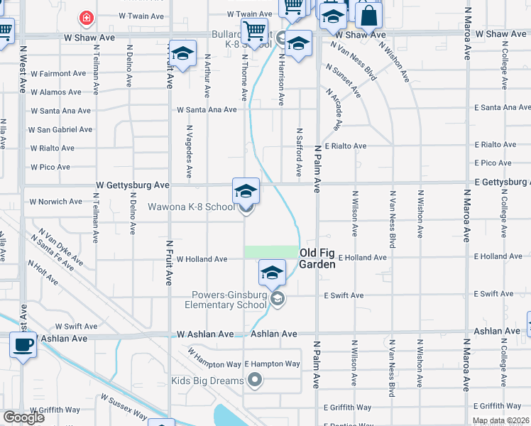 map of restaurants, bars, coffee shops, grocery stores, and more near 4524 North Thorne Avenue in Fresno