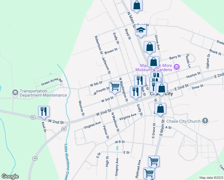 map of restaurants, bars, coffee shops, grocery stores, and more near 301-399 Jefferson St in Chase City