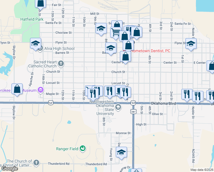 map of restaurants, bars, coffee shops, grocery stores, and more near 725 Locust Street in Alva