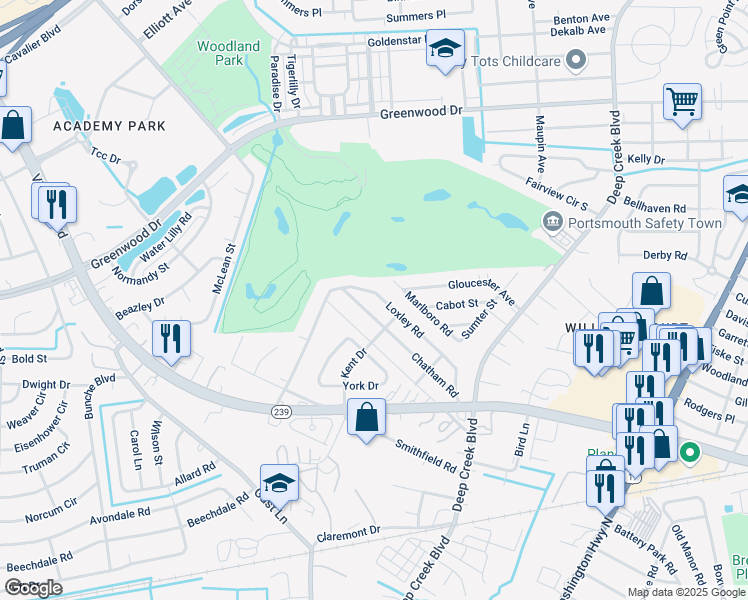 map of restaurants, bars, coffee shops, grocery stores, and more near 46 Loxley Road in Portsmouth
