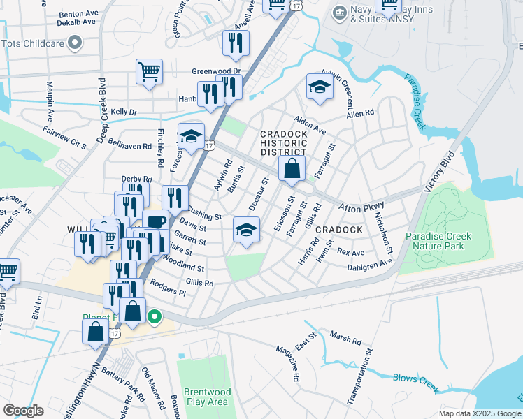 map of restaurants, bars, coffee shops, grocery stores, and more near 53 Prospect Parkway in Portsmouth