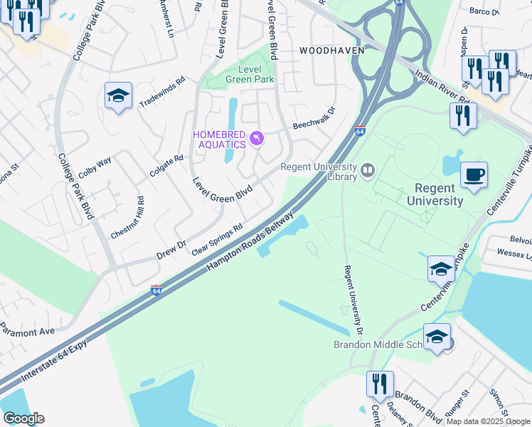 map of restaurants, bars, coffee shops, grocery stores, and more near 5911 Clear Springs Road in Virginia Beach