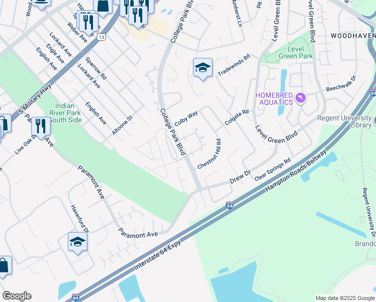 map of restaurants, bars, coffee shops, grocery stores, and more near 1380 Glyndon Drive in Virginia Beach