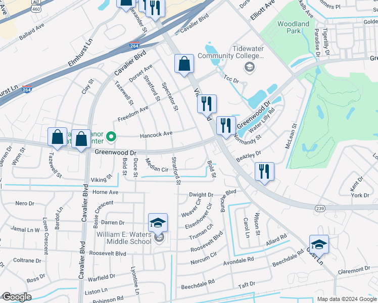 map of restaurants, bars, coffee shops, grocery stores, and more near 3609 Greenwood Drive in Portsmouth