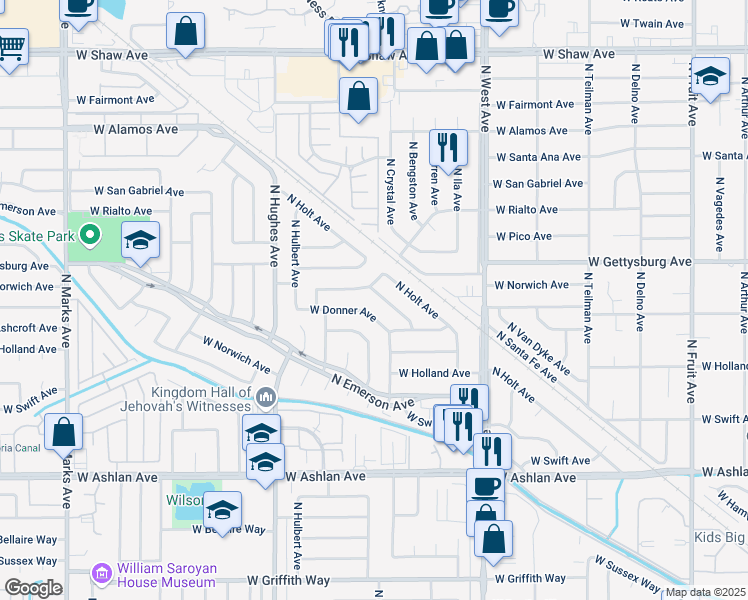 map of restaurants, bars, coffee shops, grocery stores, and more near 4547 North Warren Avenue in Fresno