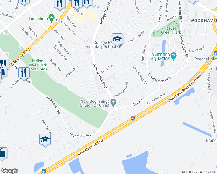 map of restaurants, bars, coffee shops, grocery stores, and more near 1380 Glyndon Drive in Virginia Beach