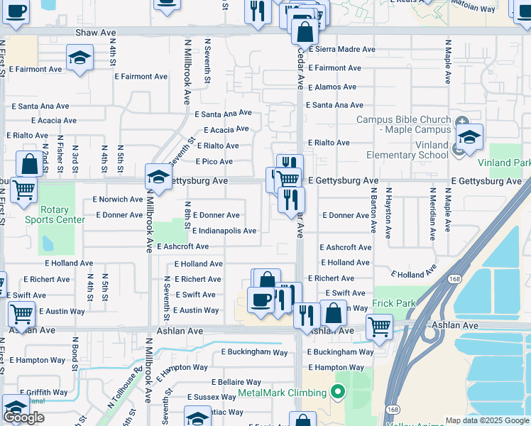 map of restaurants, bars, coffee shops, grocery stores, and more near 4514 North Sharon Avenue in Fresno