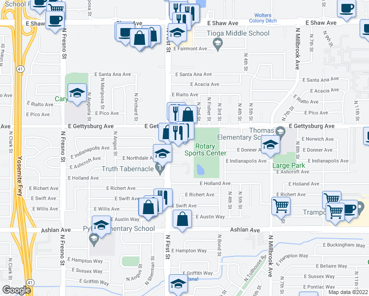 map of restaurants, bars, coffee shops, grocery stores, and more near 4568 North First Street in Fresno