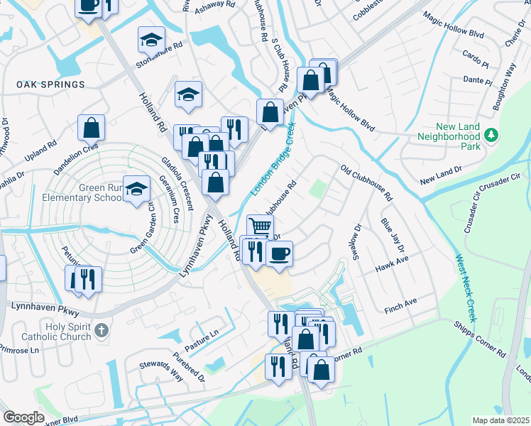 map of restaurants, bars, coffee shops, grocery stores, and more near 3233 Yorkborough Way in Virginia Beach