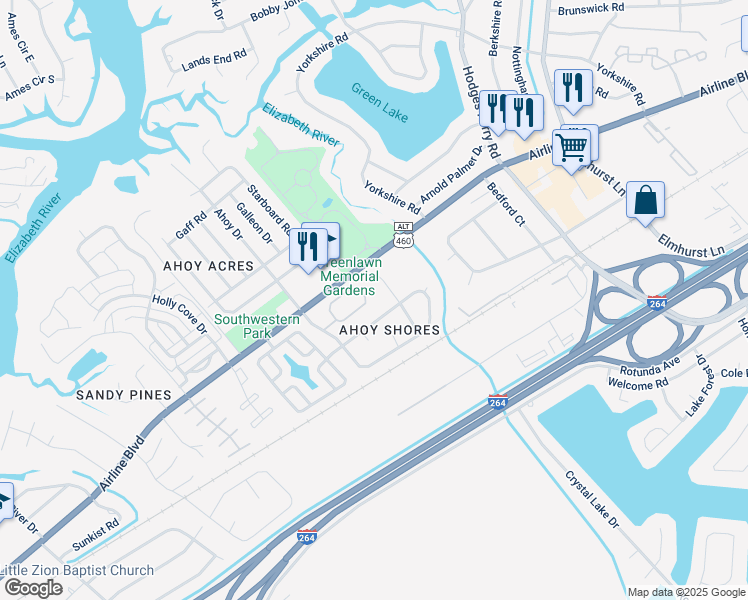 map of restaurants, bars, coffee shops, grocery stores, and more near 3933 Rex Circle in Chesapeake