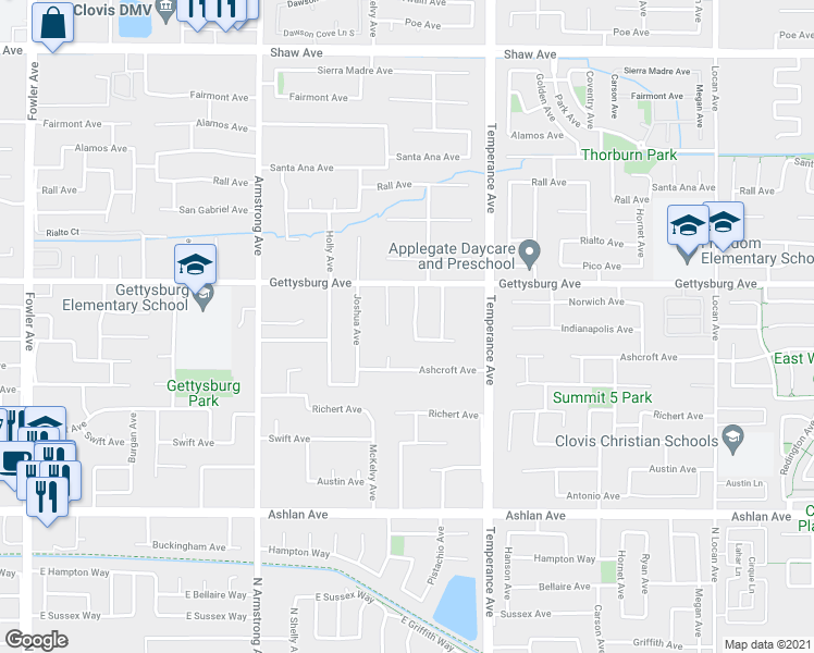 map of restaurants, bars, coffee shops, grocery stores, and more near 2862 Magnolia Avenue in Clovis
