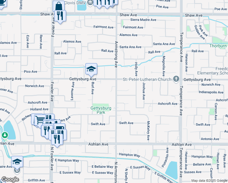 map of restaurants, bars, coffee shops, grocery stores, and more near 2205 Indianapolis Avenue in Clovis