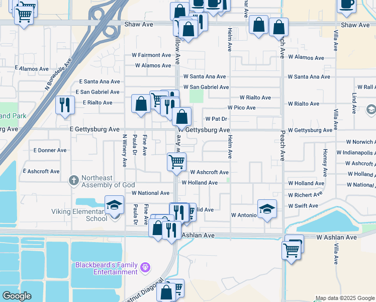 map of restaurants, bars, coffee shops, grocery stores, and more near 127 Willow Avenue in Clovis