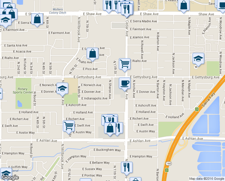 map of restaurants, bars, coffee shops, grocery stores, and more near 4555 North Cedar Avenue in Fresno