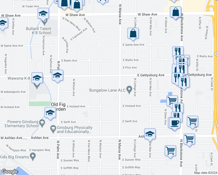 map of restaurants, bars, coffee shops, grocery stores, and more near 817 East Indianapolis Avenue in Fresno