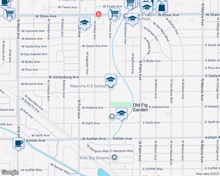 map of restaurants, bars, coffee shops, grocery stores, and more near 4524 North Thorne Avenue in Fresno