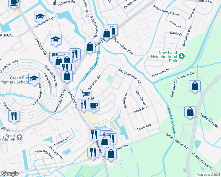 map of restaurants, bars, coffee shops, grocery stores, and more near 1184 Warwick Drive in Virginia Beach