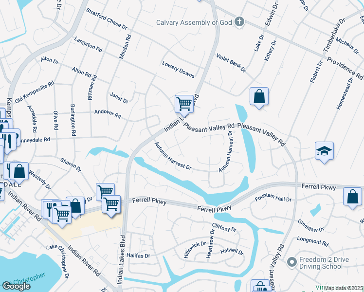 map of restaurants, bars, coffee shops, grocery stores, and more near 1280 Christian Court in Virginia Beach