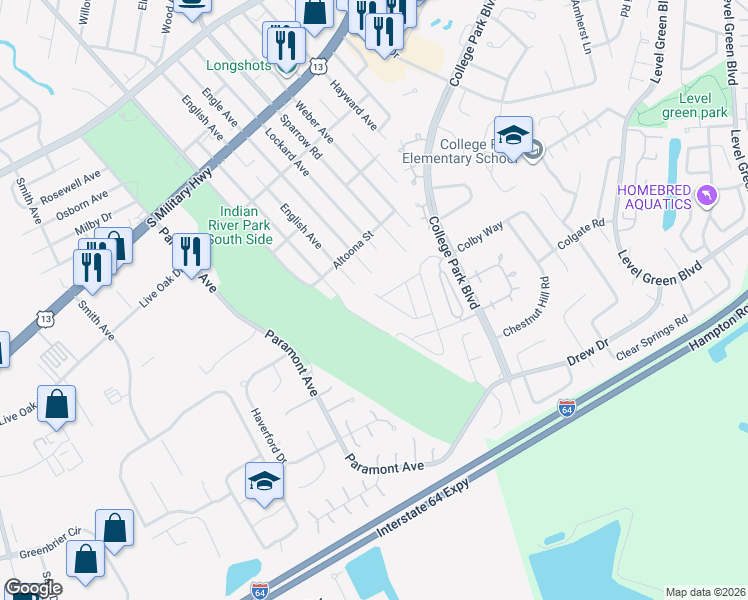map of restaurants, bars, coffee shops, grocery stores, and more near 2312 Miller Avenue in Chesapeake
