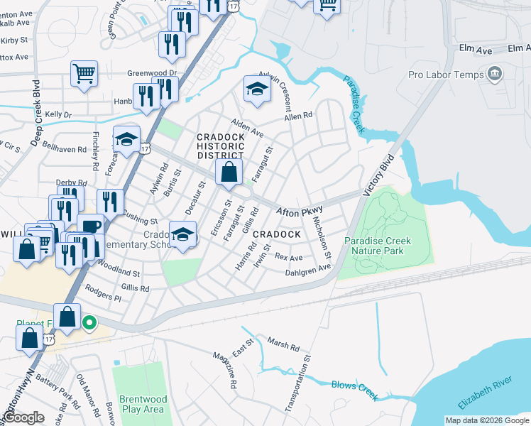 map of restaurants, bars, coffee shops, grocery stores, and more near 75 Harris Road in Portsmouth