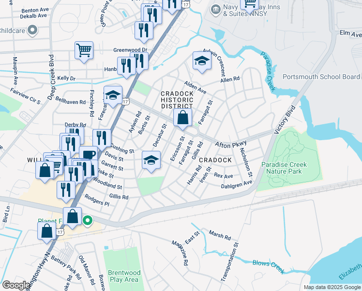 map of restaurants, bars, coffee shops, grocery stores, and more near 51 Channing Avenue in Portsmouth