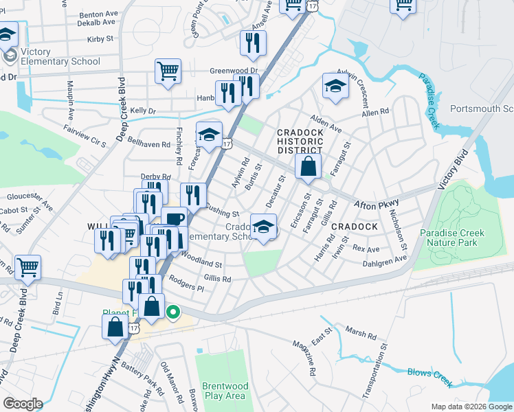 map of restaurants, bars, coffee shops, grocery stores, and more near 84 Decatur Street in Portsmouth