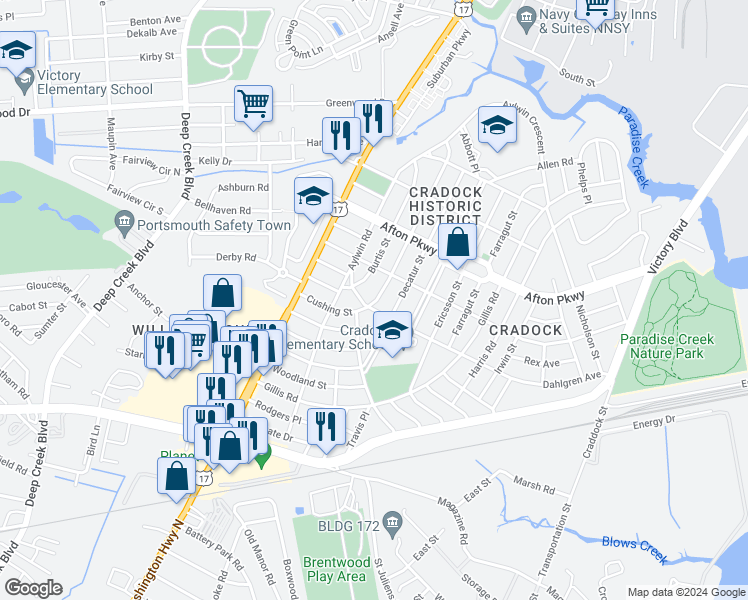 map of restaurants, bars, coffee shops, grocery stores, and more near 6 Dahlgren Avenue in Portsmouth