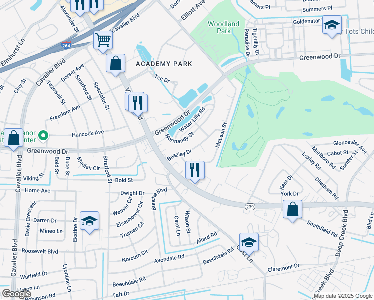 map of restaurants, bars, coffee shops, grocery stores, and more near 214 Beazley Drive in Portsmouth