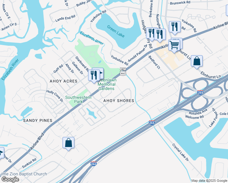 map of restaurants, bars, coffee shops, grocery stores, and more near 3933 Rex Circle in Chesapeake