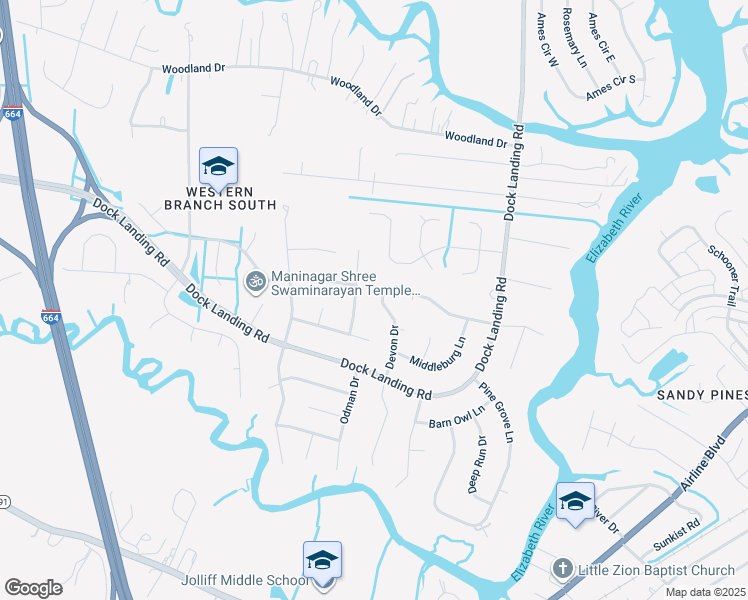 map of restaurants, bars, coffee shops, grocery stores, and more near 4042 Devon Drive in Chesapeake