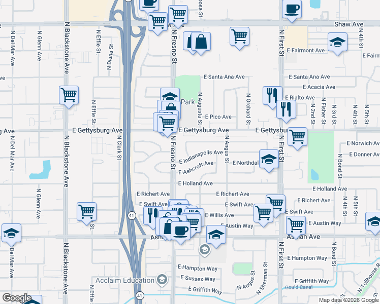 map of restaurants, bars, coffee shops, grocery stores, and more near 2626 East Indianapolis Avenue in Fresno