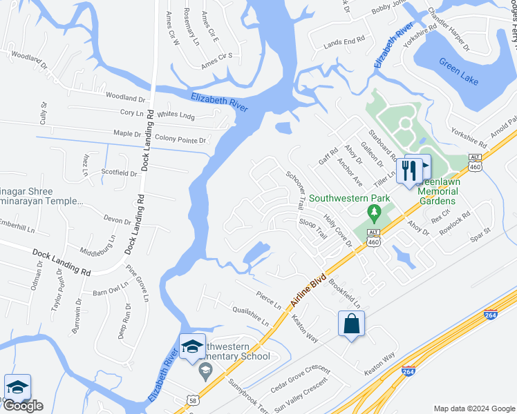 map of restaurants, bars, coffee shops, grocery stores, and more near 4211 White Cap Crest in Chesapeake
