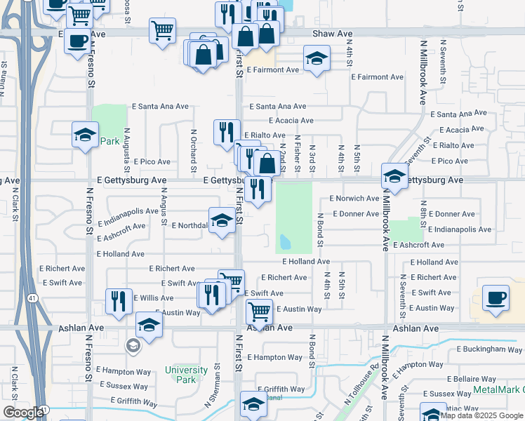 map of restaurants, bars, coffee shops, grocery stores, and more near 4568 North First Street in Fresno